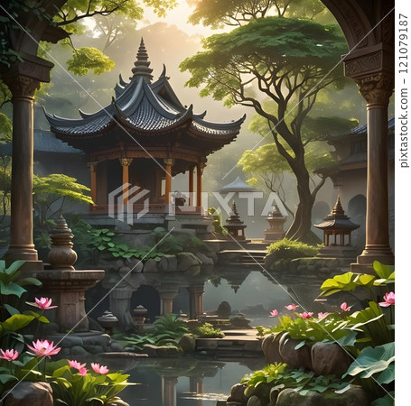 Serene moment in a tranquil garden with lush greenery and elegant architecture at dawn. Generative AI 121079187