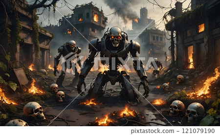 Robotic warriors emerge from shadows in a dystopian cityscape filled with fire and remnants of civilization. Generative AI 121079190