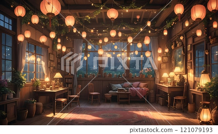 Cozy nocturnal haven illuminated by enchanting lanterns and twinkling fairy lights in a rustic cabin setting. Generative AI 121079193