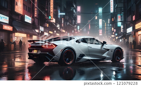 Sleek modern sports car glowing in neon-lit urban streets at night under rainy skies. Generative AI 121079228