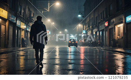 Lonely figure walks through a rainy city street at night, reflecting lights creating a moody atmosphere. Generative AI 121079235