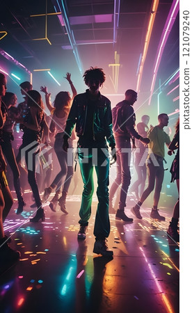 Energetic dance party under neon lights with vibrant atmosphere and diverse crowd. Generative AI Energetic dance party under neon lights with vibrant atmosphere and diverse crowd. Generative AI 121079240