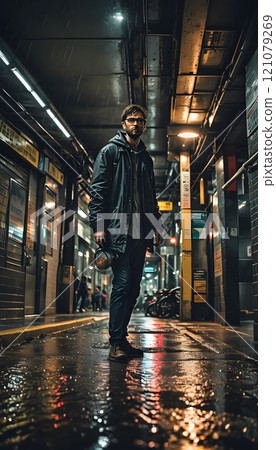 Exploring rain-soaked alleyways at midnight in a vibrant urban landscape. Generative AI 121079269