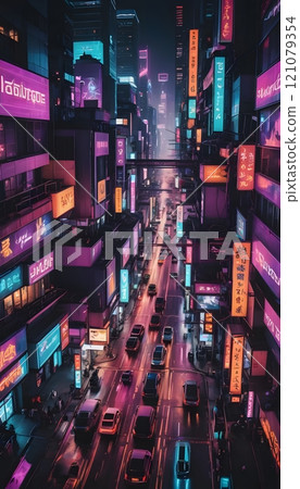 Vibrant cityscape illuminated by neon lights at twilight showcasing urban life and bustling streets. Generative AI Vibrant cityscape illuminated by neon lights at twilight showcasing urban life and bustling streets. Generative AI 121079354