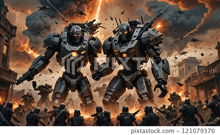 Epic battle erupts in an urban landscape featuring colossal mechs and soldiers amidst explosions and dramatic skies. Generative AI 121079370
