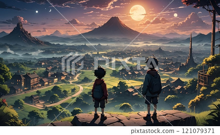 Two adventurous boys gaze at a breathtaking sunset over a magical valley filled with mountains and vibrant landscapes. Generative AI 121079371