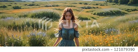Young woman walking through a vibrant meadow filled with wildflowers under a bright sky in the golden hour. Generative AI 121079390