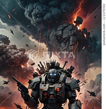 Armored warrior stands defiantly against a stormy dystopian backdrop with aircraft and explosions overhead. Generative AI Armored warrior stands defiantly against a stormy dystopian backdrop with aircraft and explosions overhead. Generative AI 121079392