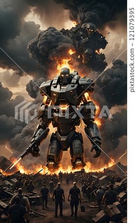 Epic battle between towering robots and chaos in a devastated cityscape during a futuristic conflict. Generative AI 121079395