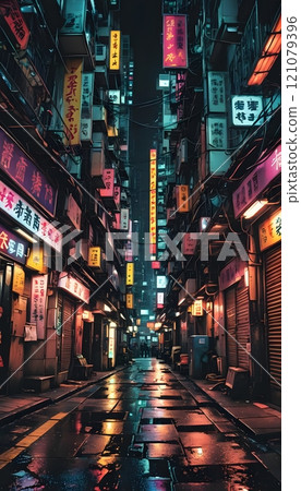 Neon lights illuminate a bustling urban alleyway at night filled with vibrant colors and mysterious shadows. Generative AI 121079396