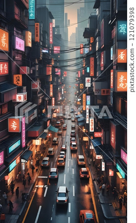 Vibrant city street alive with neon lights and bustling energy during twilight hours. Generative AI 121079398