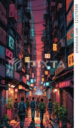 Vibrant evening stroll through a bustling urban alley filled with neon signs and lively atmosphere. Generative AI 121079399