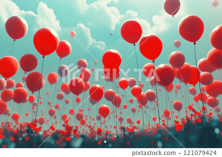 Red balloons rising up into the sky 121079424