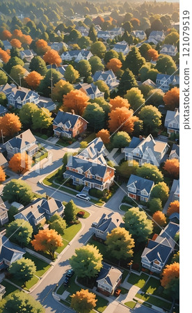 Charming suburban neighborhood captured at sunset with vibrant autumn colors glowing through tree canopies and homes. Generative AI Charming suburban neighborhood captured at sunset with vibrant autumn colors glowing through tree canopies and homes. Generative AI 121079519