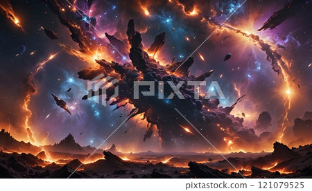 Cosmic eruption lighting up the universe in vibrant colors and swirling clouds of interstellar matter. Generative AI 121079525