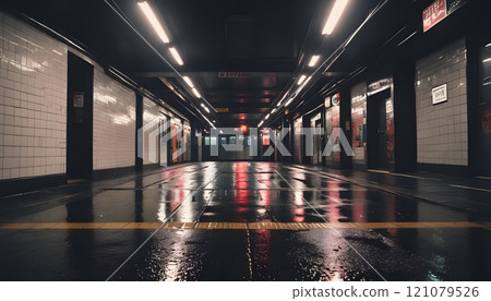 Eerie reflections in a dimly lit subway corridor at midnight with a wet floor. Generative AI 121079526