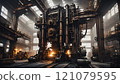 Massive industrial machine looms in a sprawling workshop under dramatic lighting and shadows during the early morning. Generative AI 121079595