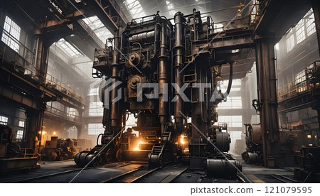 Massive industrial machine looms in a sprawling workshop under dramatic lighting and shadows during the early morning. Generative AI 121079595