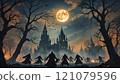 Moonlit gathering of shadowy figures near an eerie castle under a full moon. Generative AI 121079596
