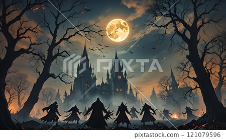 Moonlit gathering of shadowy figures near an eerie castle under a full moon. Generative AI 121079596