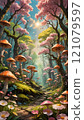 Enchanted forest path illuminated by sunlight amidst vibrant mushrooms and blooming flowers. Generative AI 121079597