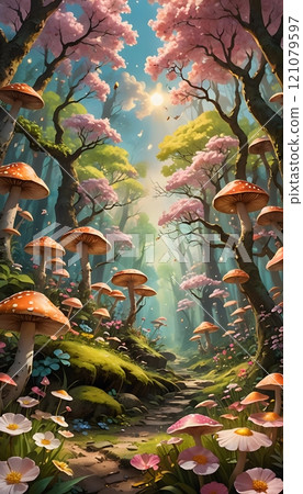 Enchanted forest path illuminated by sunlight amidst vibrant mushrooms and blooming flowers. Generative AI Enchanted forest path illuminated by sunlight amidst vibrant mushrooms and blooming flowers. Generative AI 121079597