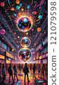 Vibrant dance floor illuminated by colorful disco balls as people gather in celebration beneath a mesmerizing light display. Generative AI 121079598