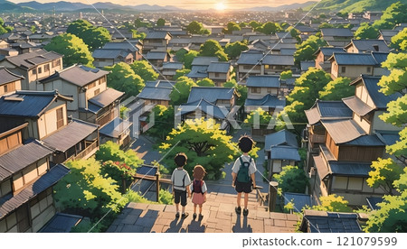 Two children gaze at a sunset over a serene village surrounded by lush hills and charming rooftops in tranquil harmony. Generative AI 121079599