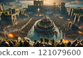 Grand gathering of warriors under a dramatic sunset in an ancient arena filled with fire and emotion. Generative AI 121079600