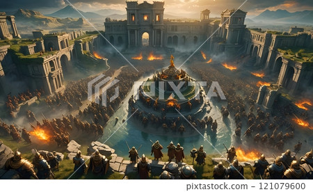 Grand gathering of warriors under a dramatic sunset in an ancient arena filled with fire and emotion. Generative AI 121079600