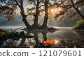 Majestic morning light filters through ancient trees by the serene lake in a tranquil forest landscape. Generative AI 121079601