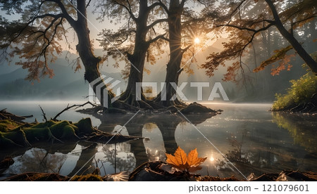 Majestic morning light filters through ancient trees by the serene lake in a tranquil forest landscape. Generative AI 121079601