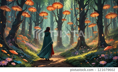 Enchanted forest filled with glowing mushrooms at twilight, a traveler seeks wonder among nature\'s magic. Generative AI 121079602