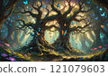 Enchanted forest alive with vibrant butterflies and ancient trees in a captivating twilight glow. Generative AI 121079603
