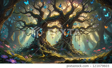 Enchanted forest alive with vibrant butterflies and ancient trees in a captivating twilight glow. Generative AI 121079603