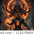 Dark sorcerer unleashes ancient powers in a fierce battle against a formidable demon at dusk. Generative AI 121079604