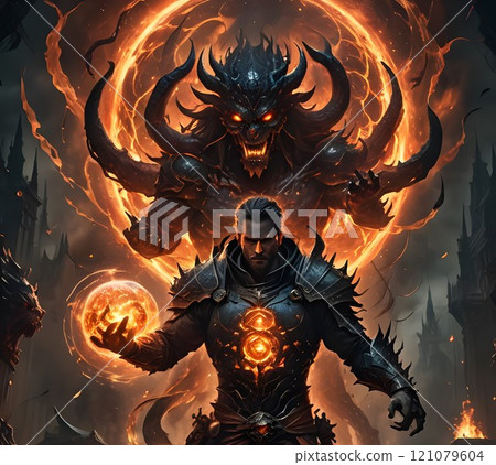 Dark sorcerer unleashes ancient powers in a fierce battle against a formidable demon at dusk. Generative AI 121079604