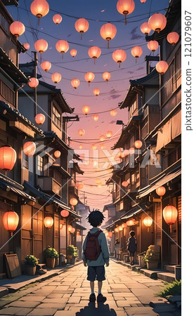 Strolling through the lantern-lit streets of a serene town as dusk falls and magic begins to stir in the air. Generative AI 121079607
