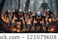 Robotic beings march through a fiery landscape, illuminating the darkened forest with their glowing eyes and metallic frames. Generative AI 121079608