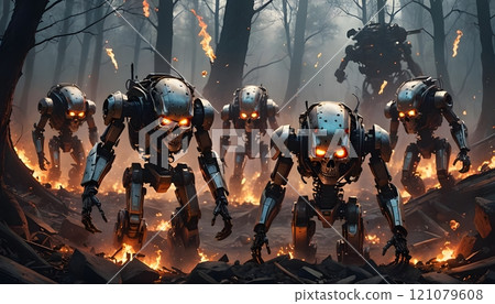 Robotic beings march through a fiery landscape, illuminating the darkened forest with their glowing eyes and metallic frames. Generative AI 121079608