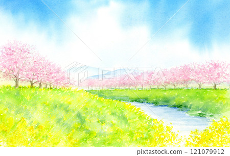Landscape of a riverbed with blooming rape blossoms and rows of cherry blossom trees, watercolor painting Landscape of a riverbed with blooming rape blossoms and rows of cherry blossom trees, watercolor painting 121079912