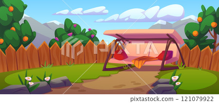 Cozy home backyard garden scene Cozy home backyard garden scene 121079922