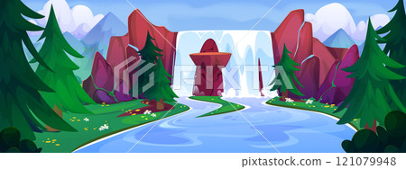 Cartoon summer landscape with waterfall Cartoon summer landscape with waterfall 121079948