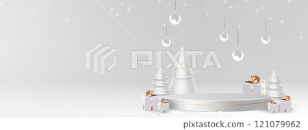 3d Christmas tree podium. New Year background 121079962