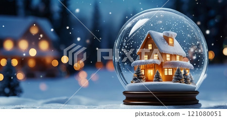 Christmas & New Year Banner: Shimmering Crystal Ball with Festive Snow Globe Scene Christmas & New Year Banner: Shimmering Crystal Ball with Festive Snow Globe Scene 121080051