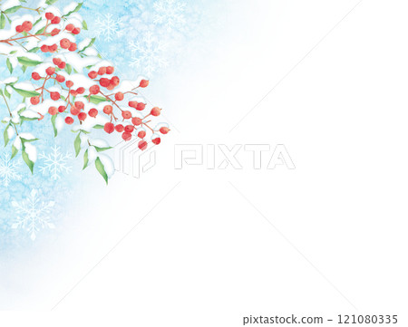 Watercolor painting of snow-holding nandina 121080335