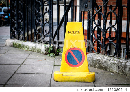 Symbol No parking on yellow traffic cone Symbol No parking on yellow traffic cone 121080344
