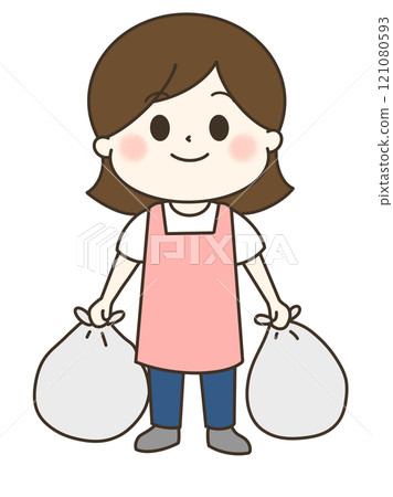 穿著圍裙的女人要丟垃圾的可愛插圖 121080593