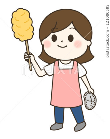 A cute and relaxed illustration of a woman in an apron cleaning with a handy mop A cute and relaxed illustration of a woman in an apron cleaning with a handy mop 121080595
