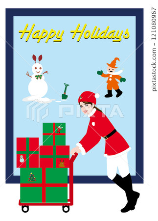 Christmas card 02 featuring a model-like woman dressed as Santa Claus, delivery truck, delivery person, shop window 121080967